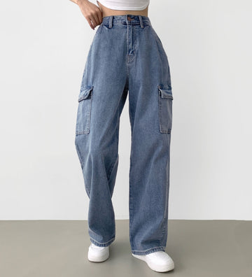 American Casual Cargo Pocket Classic Long Wide Denim Pants